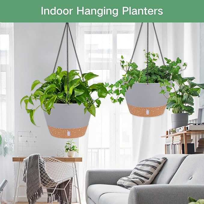 QCQHDU 2 Pack 8 inch Hanging Planters for Indoor Plants, Outdoor Hanging Baskets, Self Watering Pots with Drainage Holes & Removable Tray (Light Grey, 8 inch)