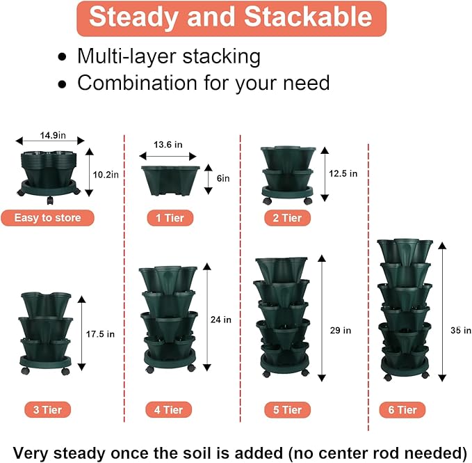 Vertical Planter 6 Tier Stackable Planters Garden Planters Strawberry Herb Flower and Vegetable Planter Indoor Outdoor Gardening Pots with Removable Wheels and Tools 2-Pack