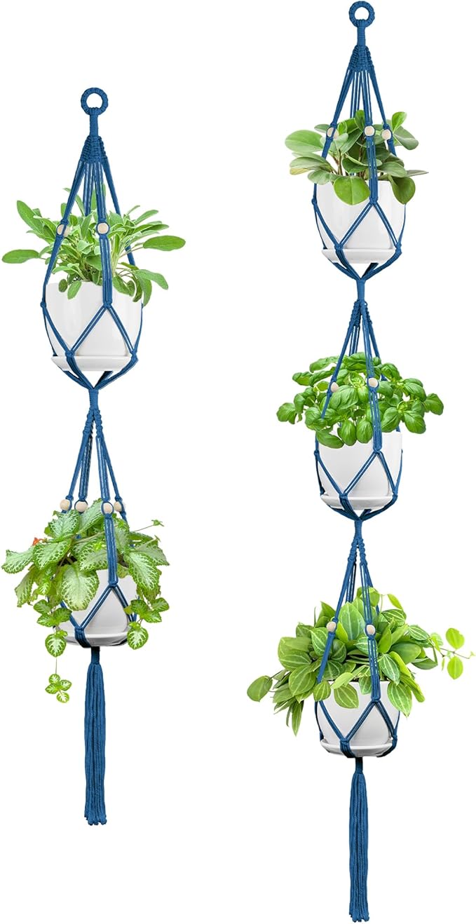 USLAI Macrame Plant Hanger Indoor Outdoor, Up to 4-15 inch Pot, Heavy 20lb Planters, Extra Long Strong Hanging Planter Basket Holder, Boho Home Decor, 49+72 Inch, Blue (POTS NOT Included)