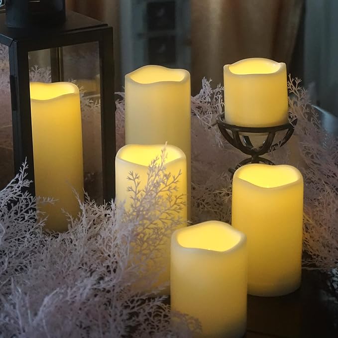 Waterproof Outdoor Battery Operated Flameless Pillar Candles with Timer White Plastic Realistic Flickering Fake Electric LED Lights for Lantern Garden Wedding Christmas Decorations 6 Pack
