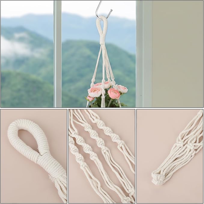 2 PCS Macrame Plant Hanger Indoor Hanging Plant Holder Hand-Woven Cotton Rope Flower Pot Basket with Metal Hook Rings Window Plant Hanger for Outdoor Hanging Pots Home Boho Decor, No Tassels, 23.6"