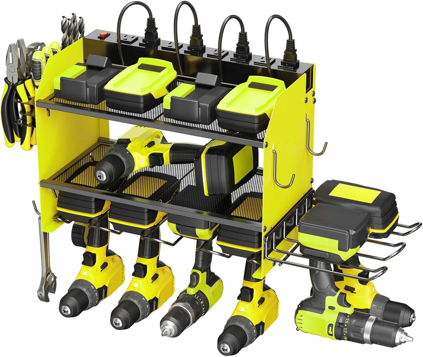 CCCEI Modular Power Tool Organizer Wall Mount Charging Station, Green 6 Drills Holder with 8 Plug Power Strip 10FT, Garage Drill Battery Heavy Duty Metal Shelf, Utility Rack with Hooks, Side Storage.