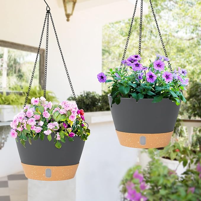 QCQHDU 2 Pack 8 inch Hanging Planters for Indoor Plants, Outdoor Hanging Baskets, Self Watering Pots with Drainage Holes & Removable Tray (Dark Grey, 8 inch)