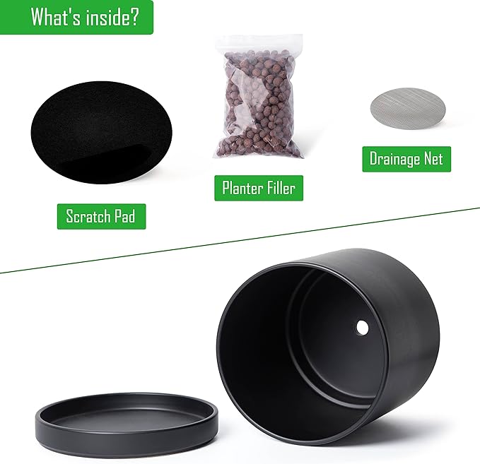 D'vine Dev 12 Inch Ceramic Planter Pot with Drainage Hole and Saucer, Indoor Cylinder Round Planter Pot, Black, 94-O-F-2