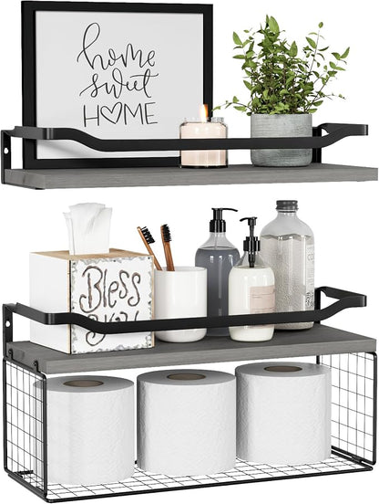 WOPITUES Floating Shelves with Wire Storage Basket, Bathroom Shelves Over by WOPITUESOfficial