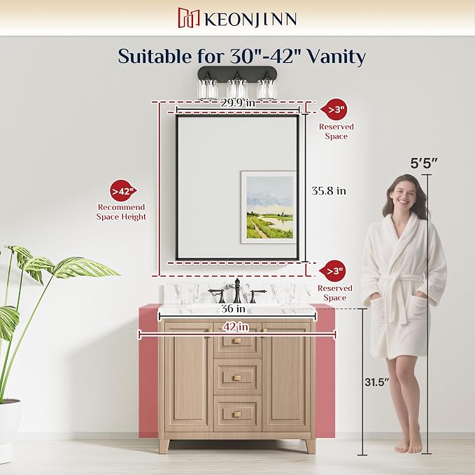 Keonjinn 30 x 36 Inch Black Bathroom Mirror, Beveled Rectangle Framed Mirror - Image 7