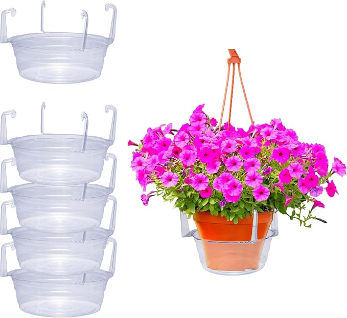 Curtis Wagner Plastics Hanging Basket Drip Pans (5-Pack) | Clear, Round (Diameter = 6.25" Base, 8" Top, 3.5" Depth) Hanging Plant Tray Saucer with Built-in Hooks & Water Catcher for Indoor & Outdoor