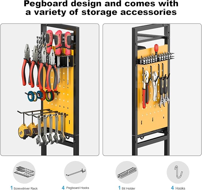 CCCEI Garage Power Tools Organizer Cart with Charging Station, Yellow Floor Standing Rolling Drill and Tools Battery Storage Cart on Wheels. Utility Rack Gift for Men, Husband, Father.
