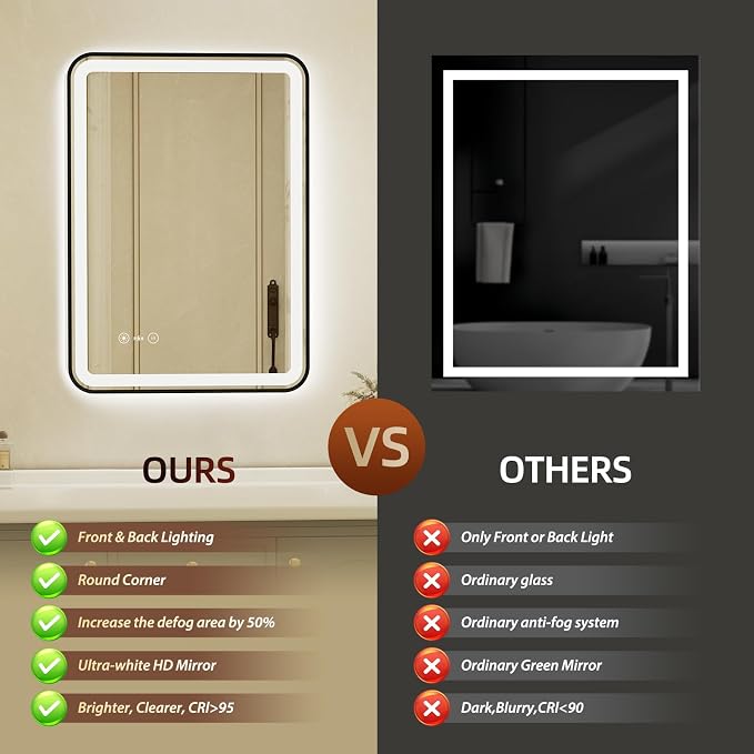 20x28 Inch Black Framed LED Bathroom Mirror - Image 7