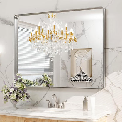LOAAO 48X36 Inch Brushed Nickel Bathroom Mirror, Rounded Rectangle Silver Metal - Image 8