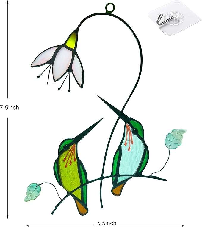 Hummingbird with Flower Stained Glass Suncatcher Bird Stained Glass Window Hangings Hummingbird Gift for Women Home Decor