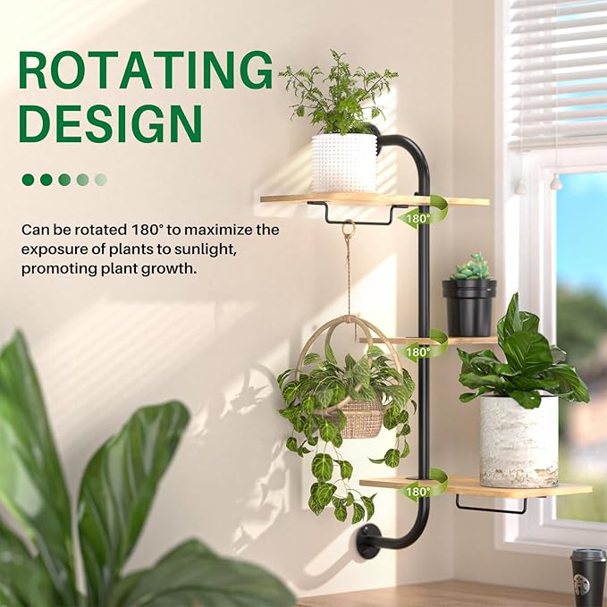 YUOROS Window Plant Shelves, 3-Tier Rotating Plant Shelf Stand, Indoor Metal Wall Plant Holder