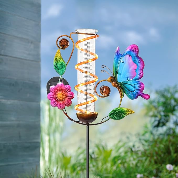 BAYN 36.3” Rain Gauge Outdoor Solar Powered 10 LEDs 7” Tube Garden Butterfly Metal Decorative Stake with Waterproof Large Glass Tube Rain Guage for Yard, Garden, Patio, Lawn