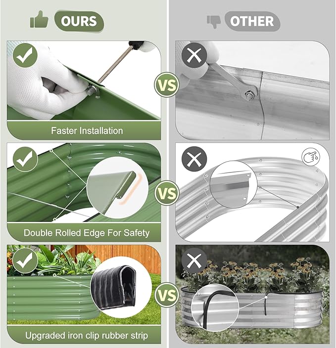 Galvanized Raised Garden Bed - 8x2x1.4FT Metal Planter Boxes Outdoor | Oval Steel Raised Bed Kit for Gardening with Protective Tape, Bracing Rods, Gloves for Vegetables, Flower, Herb (Green)