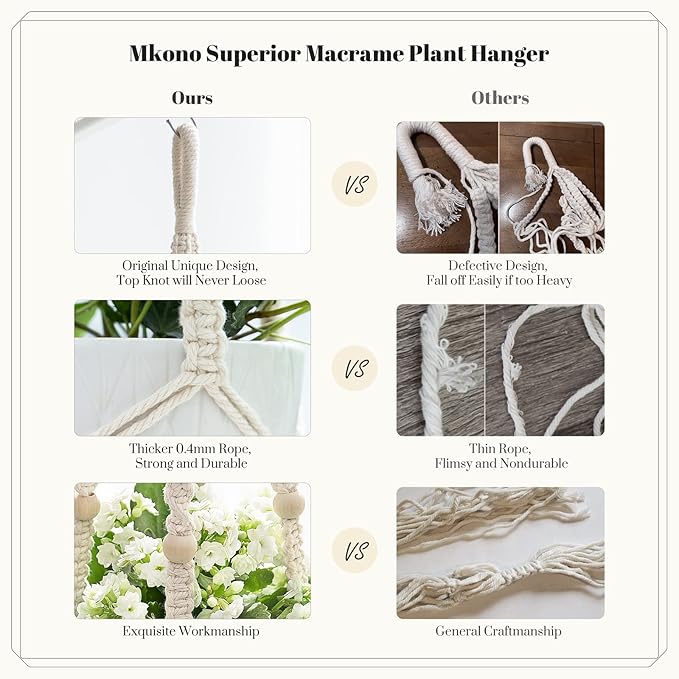 Mkono 43 Inch Macrame Plant Hanger Large for up to 12 Inch Pot Extra Long Hanging Plant Holder No Tassels Hanging Planter Basket with Wood Beads for Indoor Outdoor Boho Home Decor, Ivory