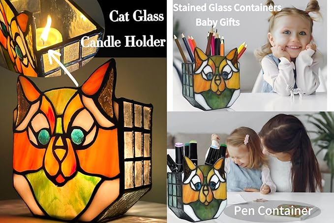 Cat Flower Pots for Indoor Plants,Stained Glass Cat Plant Displays,Cat Succulent Planter,Candle Holder Container Decoration,4.6x5.15x2.3 in (Without Succulents)
