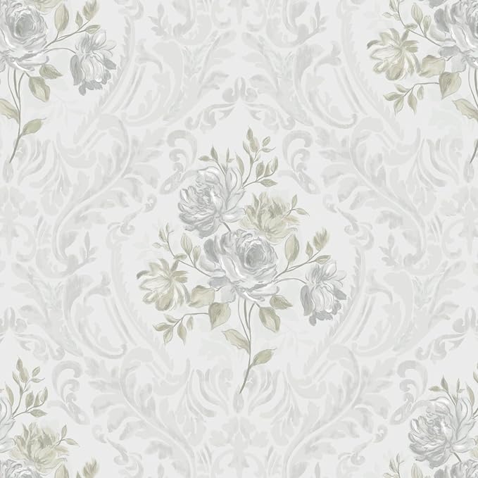 Ismoon Floral Peel and Stick Wallpaper Vintage White and Grey Contact Paper by Ismoon