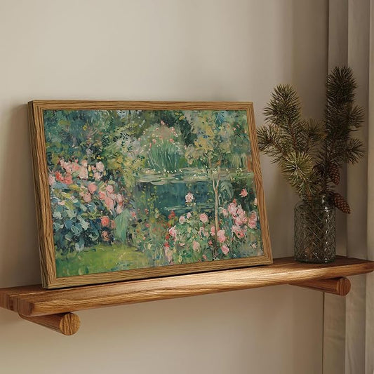 Framed Vintage Floral Landscape Canvas Wall Art, Rose Garden Pond Wall Decor - Image 2
