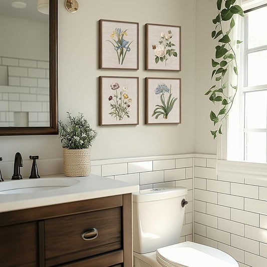 Framed Botanical Wall Art for Bathroom, 4 Piece Vintage Floral Canvas Painting - Image 2
