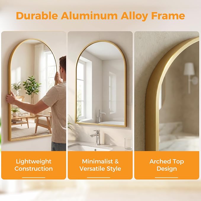 OLIXIS 26x38 Inch Arched Gold Bathroom Mirror - Image 3