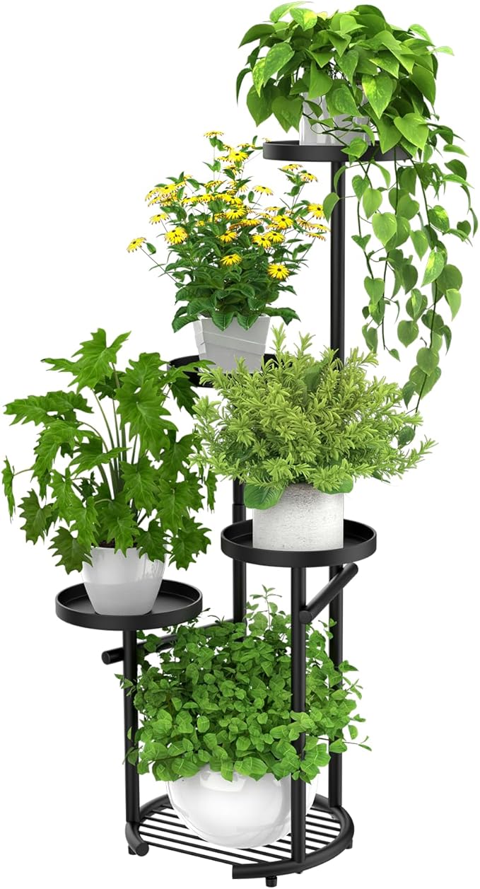 TOSKING 5 Tier Tall Plant Stand Indoor Outdoor, Heavy Duty Corner Plant Stand with Space-Saving Plant Shelf for Multiple Plants| Round Plant Table Design for Living Room Balcony Garden (Black, 38in)