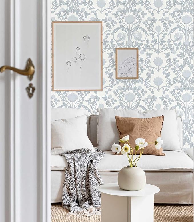YXTII 17.3" × 393.7" Blue Floral Peel and Stick Wallpaper, Damask Vintage - Image 4