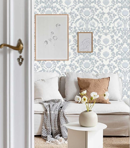 YXTII 17.3" × 393.7" Blue Floral Peel and Stick Wallpaper, Damask Vintage - Image 4