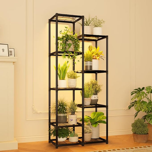 Plant Stand Indoor with Grow Lights Tall Plant Shelf Outdoor Plant Rack Metal Plant Holder Waterproof Black for Multiple Plants Table Flower Pot for Living Room Patio Balcony Garden