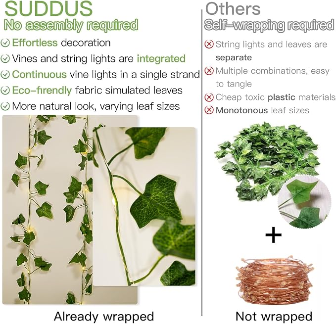 suddus Vine with Fairy Lights Battery Operated, 13.1ft 40 LED Ivy String Light - Image 3