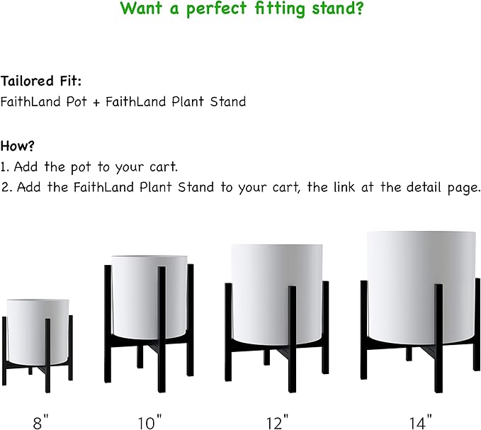 FaithLand Plant Pot 14 inch - Perfectly Fits Mid-Century Modern Plant Stand - Drainage Plug and Drainage Mesh Screen - Matte White