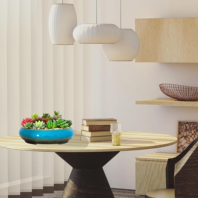 Succulent Pots - 11.5 Inch Ceramic Bonsai Pots with Drainage, Large Shallow Succulent Planters for Indoor Outdoor Plants, Round Glazed Cactus Flower Plant Container Bowl Home Desk Decor(Blue)