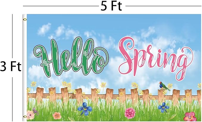 Hello Spring Birds with Flowers Home Flag 3x5 Ft,Seasonal Welcome Home Flower Spring Sweet Farmhouse Rustic Home Décor House Flag Seasonal Holiday Party Polyester Outdoor Decor with Brass