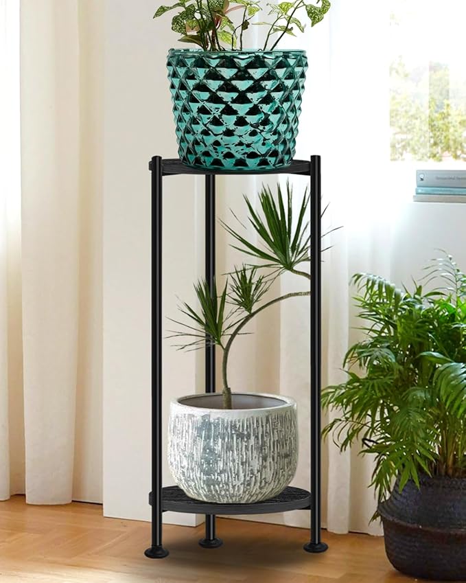 Plant Stand Indoor, 2 Tier Plant Stands for Indoor Plants, 30" Tall Flower Stand with Round Wooden Board Modern Plant Shelf for Living Room, Balcony, Deck