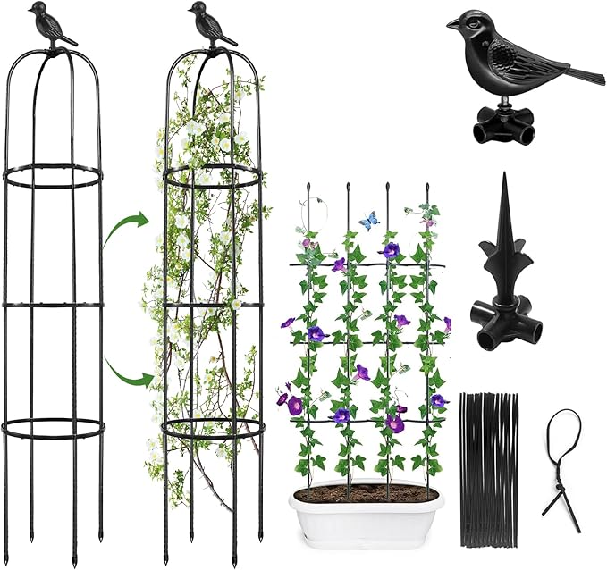 2 Pcs Garden Trellis for Climbing Plants, 6 Ft Rustproof Metal Pipe with Heavy Duty Plastic Coated, Garden Outdoor Indoor Potted Plant Support, Obelisk Garden Trellis for Climbing Vine