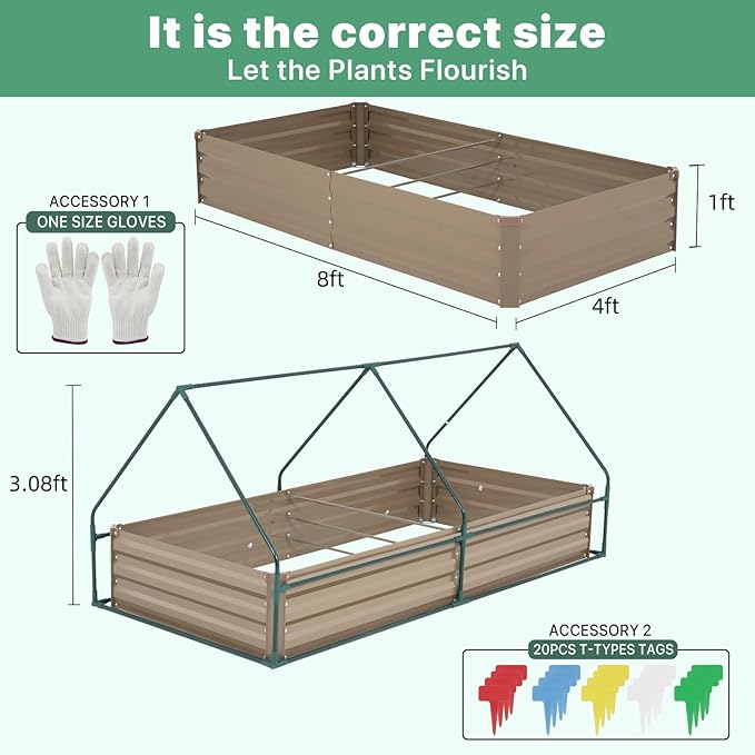 Metal Raised Garden Bed with Greenhouse 2 Large Zipper Windows Dual Use,Galvanized Steel Raised Garden Bed for Gardening Vegetables Fruit,20pcs T-Types Tags & 1 Pair of Gloves,8x4x1FT,Brown