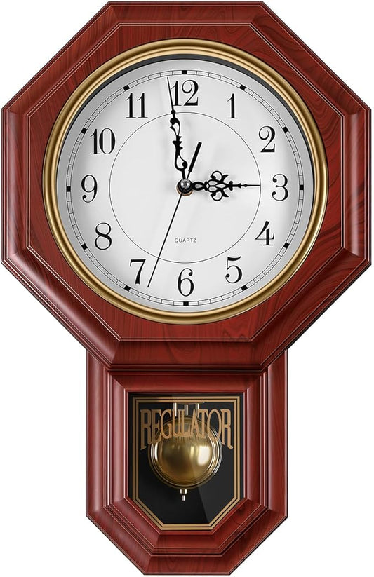 Regulator Wall Clock with Pendulum, Imitation Red Wood Plastic Wall Clock by Unknown