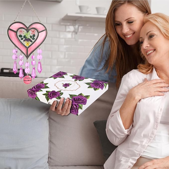 Gifts for Mom Suncatcher Heart Shaped I Love You Mom - Colored Glass Light Catcher Hanging Wind Chime Decorations Window Gifts Mother's Day Valentine's Day Birthday Christmas (Pink)
