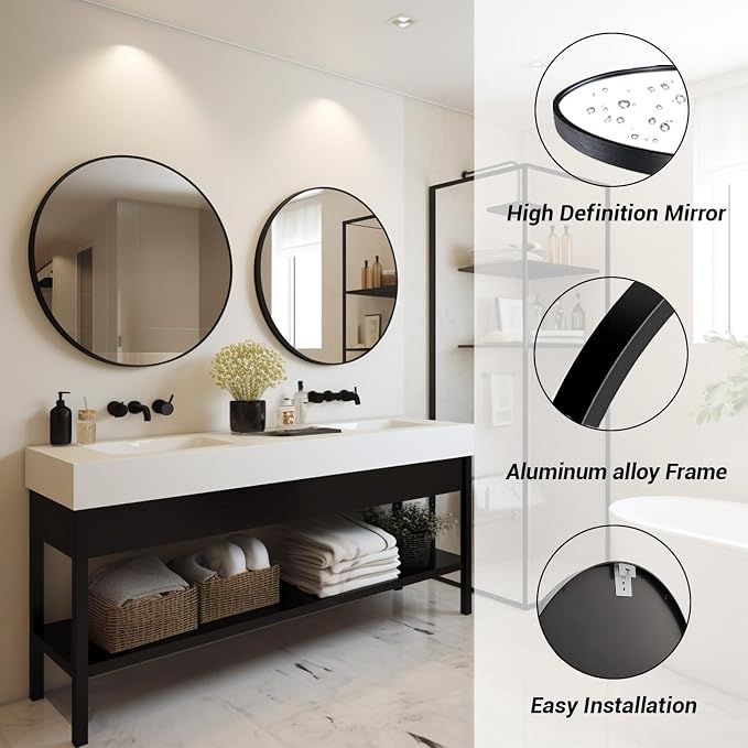 Sunniry Black Round Mirror 24 inch, 2 Pack Black Circle Mirror, Round Bathroom - Image 2