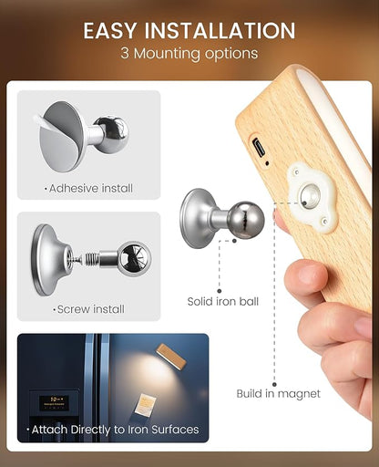 Wood LED Wall Sconce, Magnetic 360° Rotatable Wall Mounted Night Light & - Image 8