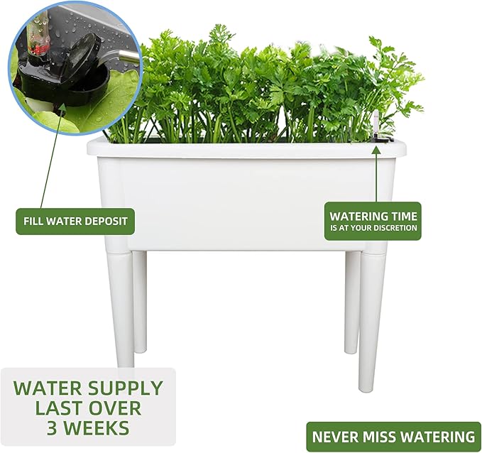 Dexceder 13.2 Gallon Self Watering Raised Garden Bed with Ventilation Transparent Lid Greenhouse, Deepen Vegetable Flower Box Planter Pot with Removeble Legs & Water Level Indicator (White)