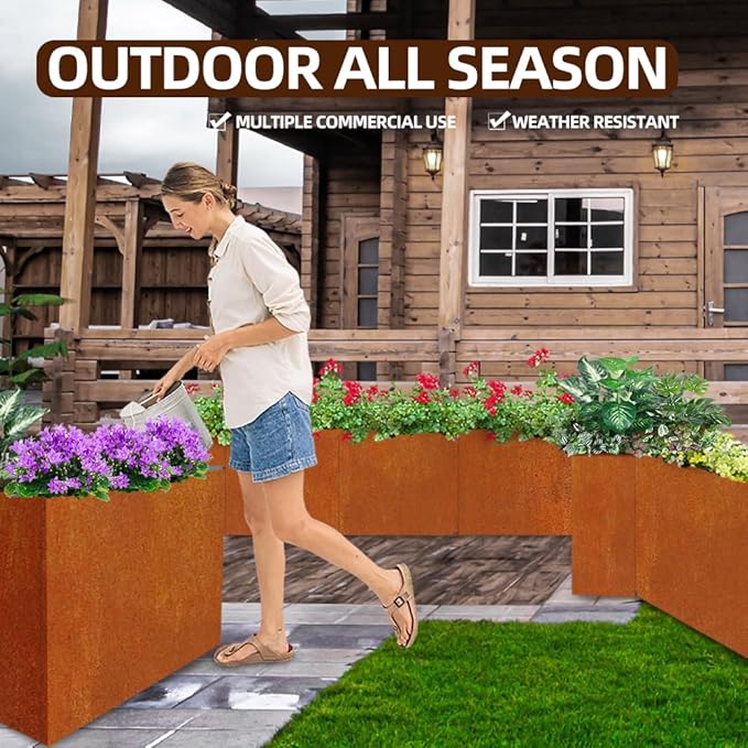 Metal Tall Long Planter Box Large Rectangular Planter Flower Pot with Drainage Holes for Indoor Outdoor Deck Porch Garden Home Patio Front Door (Rusty Orange, M)