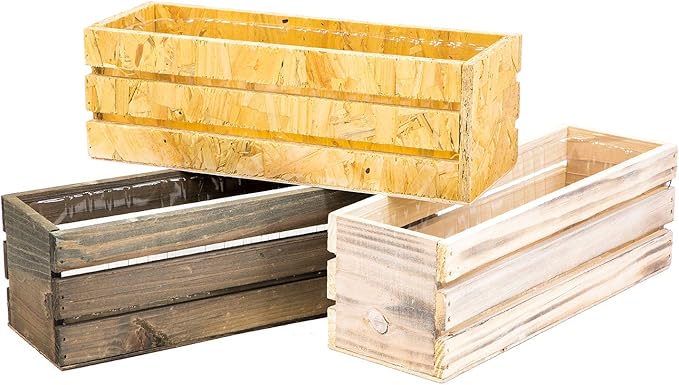 Wood Planter Box with Wine Crate Styled, 12x4 Inch Rectangular, Whitewash, Plastic Liner, Garden Centerpiece Display, Wedding Flowers Holder, Home and Venue Decor (12x4 Wine Crate Set of 4, Whitewash)