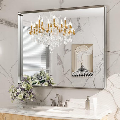 LOAAO 48x40 Inch Brushed Nickel Bathroom Mirror, Rounded Rectangle Silver Metal by LOAAO