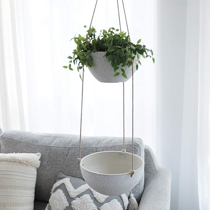 LA JOLIE MUSE 2 Tier Hanging Planters for Indoor & Outdoor Plants - Modern Flower Pots with Rope, Garden Planters with Drain Holes, Speckled White
