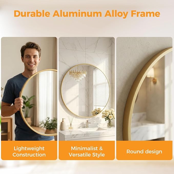OLIXIS 30 Inch Gold Round Bathroom Wall Mirror, Round Bathroom Mirrors - Image 3