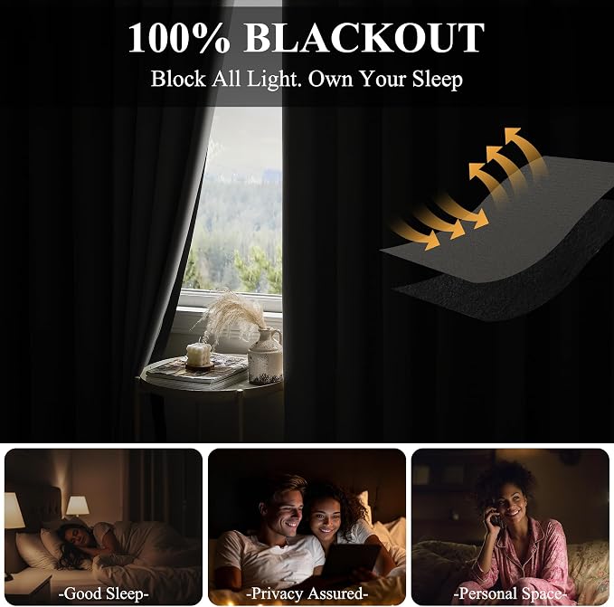 RYB HOME Full Blackout Curtain for Sliding Glass Doors/Theater, Thermal - Image 3