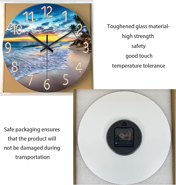 Palm Tree Clocks Battery Operated 12 Inch Glass Blue Wall Clock Non Ticking - Image 6