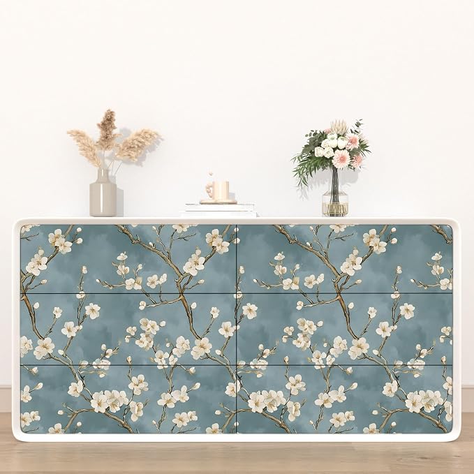 Blue Floral Wallpaper Peel and Stick Vintage White Flowers Contact Paper Vinyl - Image 2
