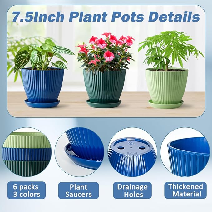 7.5 Inch Plant Pots 6 Pack, Plastic Pots for Plants with Drainage Holes and Saucers, Mix-Colores Plant Planter with 3 Colors Indoor and Outdoor Flower Pots (Top Diameter 7.5 inch Plus)