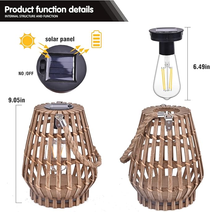 Hanging Solar Lantern Rattan Outdoor Lanterns for Patio Waterproof with Handle Large Bright Natural Bamboo Solar Table Lamp LED Lights Edison Bulb Design Decor for Wedding Yard Garden Farmhouse